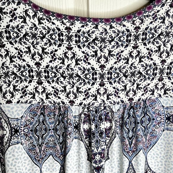 Style & Co Peasant Boho Top Size L Purple White Print Long Bell Sleeves Smocked - Picture 6 of 9